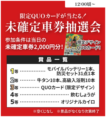 イベントバナー：限定デザインのQUOカードが当たる！未確定車券抽選会。参加条件は当日の未確定車検2,000円分。※景品がなくなり次第終了。12時頃から。