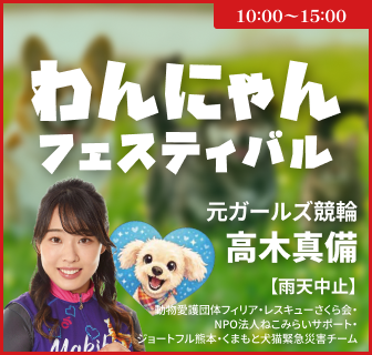 イベントバナー：わんにゃんフェスティバル。元ガールズ競輪。高木真備。【雨天中止】動物愛護団体フィリア。レスキューさくら会・NPO法人ねこみらいサポート・ジョートフル熊本。10時から15時まで。