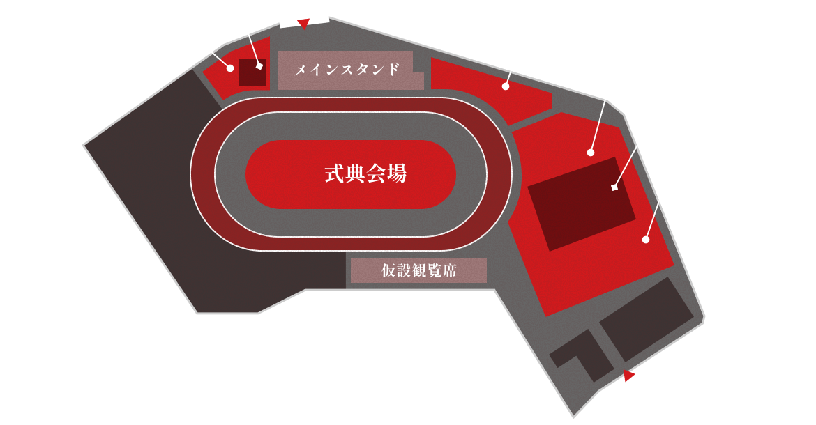 イベント会場の案内図。中央に式典会場があり、西側イベント広場、東側イベント広場、メインスタンド、エンタメステージ、グルメやアトラクションゾーン等の位置を示しています。